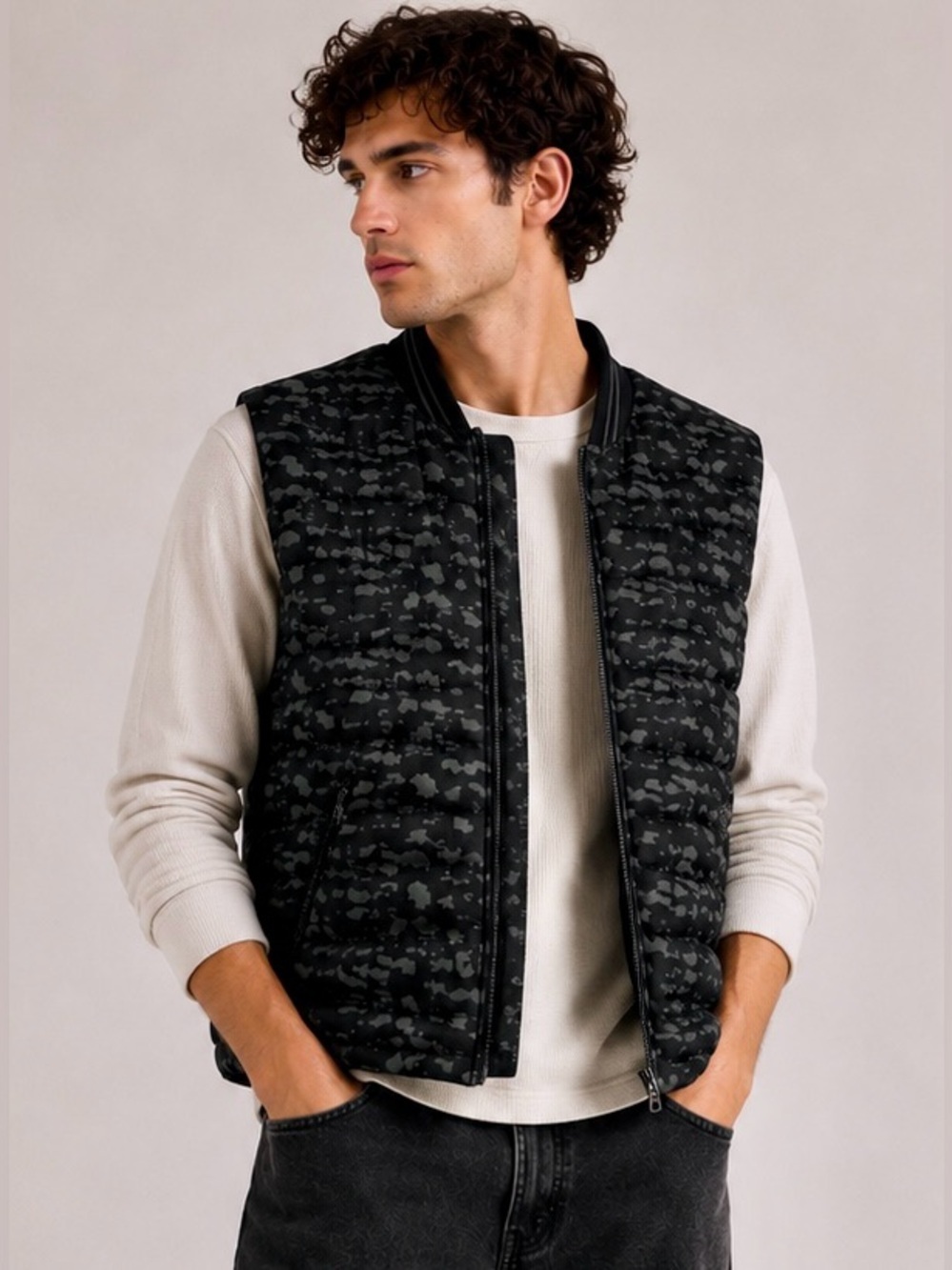 H&M Packable Down Vest Camouflage Black Green Men’s 46R